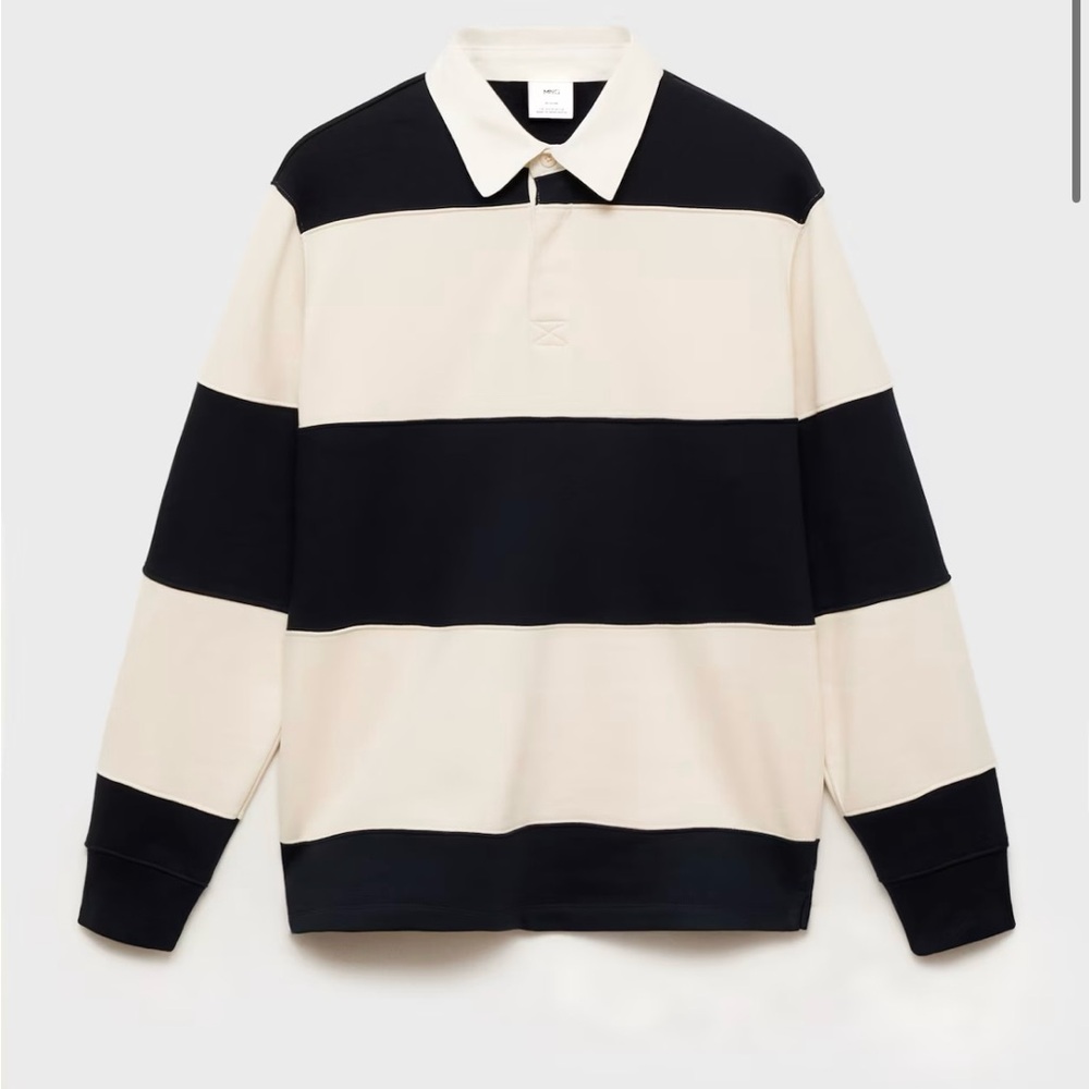 Mango Black and Cream Striped Polo Shirt